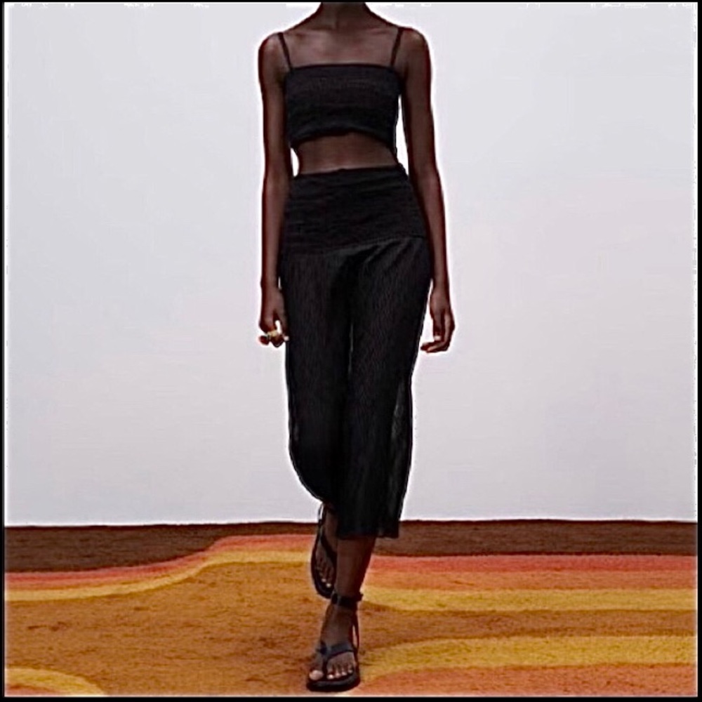 Zara Combination Crocheted Waist Crinkle Skirt black long skirt Sz.M